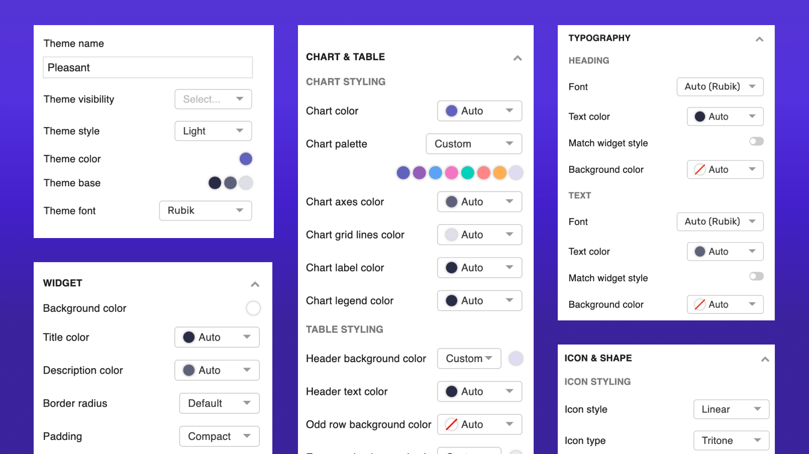 Widget and chart styling settings